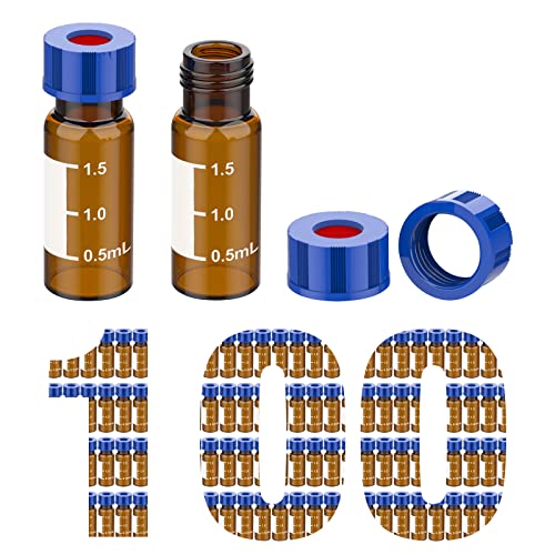 Membrane Solutions 2mL Autosampler Vials, 9-425 GC/HPLC Vials, 100 Pcs - size: Amber Vial & White PTFE septa