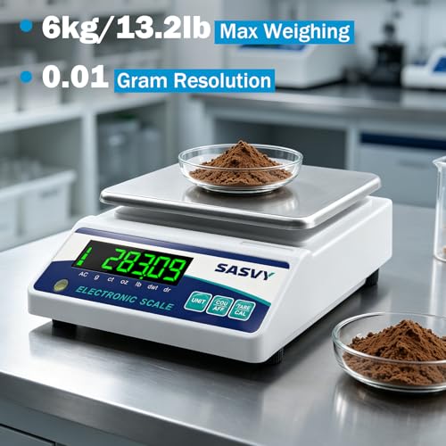 Lab Scale 6000g x 0.01g Scientific Scale g/oz/ct/lb/dr/DWT High Precision Digital Electronic Analytical Balance for Jewelry Kitchen Laboratory School, Includes 500g Calibration Weight&Battery - size: 6000g 0.01g