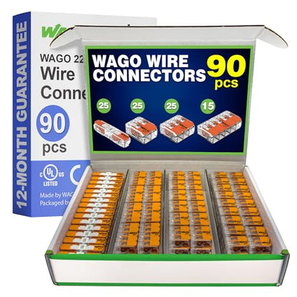 WAGO 221 Series 90pc Compact Splicing Wire Connectors | Includes (25x 221-2401), (25x 221-412), (25x 221-413), (15x 221-415) | WAGO Wire Connectors | 221 Straight Inline Splice | Electrical Lever Nuts - style: NAA221-90
