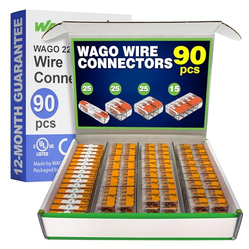 WAGO 221 Series 90pc Compact Splicing Wire Connectors | Includes (25x 221-2401), (25x 221-412), (25x 221-413), (15x 221-415) | WAGO Wire Connectors | 221 Straight Inline Splice | Electrical Lever Nuts - style: NAA221-90