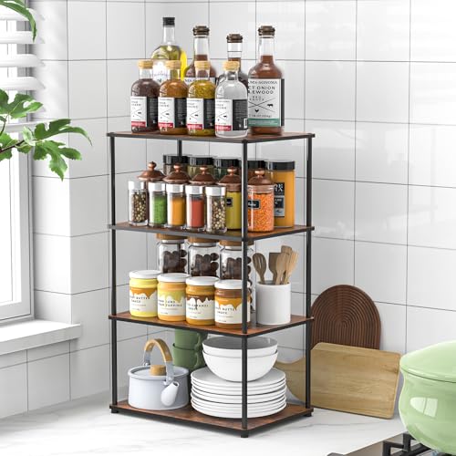 Countertop Spice Rack, Stackable Wood & Metal Pantry Cabinet Shelf Organizer Storage, 4-Tier or Split into 2×2-Tier, Multi-Use for Kitchen Bathroom Desktop Home Office, Rustic Brown - size: 4 Tier