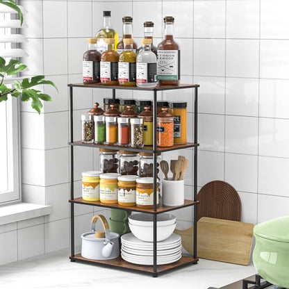 Countertop Spice Rack, Stackable Wood & Metal Pantry Cabinet Shelf Organizer Storage, 4-Tier or Split into 2×2-Tier, Multi-Use for Kitchen Bathroom Desktop Home Office, Rustic Brown - size: 4 Tier