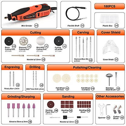 GOXAWEE Mini Power Rotary Tool Kit with Flex Shaft -180Pcs Accessories - color: Orange Rotary Tool Kit