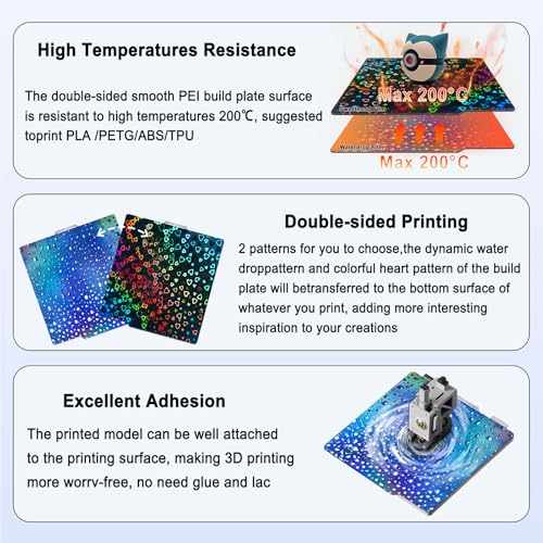 New Upgraded 257x257mm H1H Holographic Build Plate for Bambu Lab X2D/P2S/A1/X1C/X1/X1E/P1P/P1S, Smooth Waterdrop+Smooth Sweetheart Spring Steel Plate Flexible Plate for Bambu Labs 3D Printer - color: H1H( Waterdrop+Sweetheart)