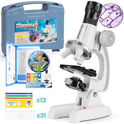 Uarzt Kids Beginner Microscope Science Kit with 100X-1200X, 13 Prepared Slides & DIY Blank Slides, 18MM HD Len, LED Light Adjustable and ABS Box, Microscope for Kids 5-7 8-12 - color: White