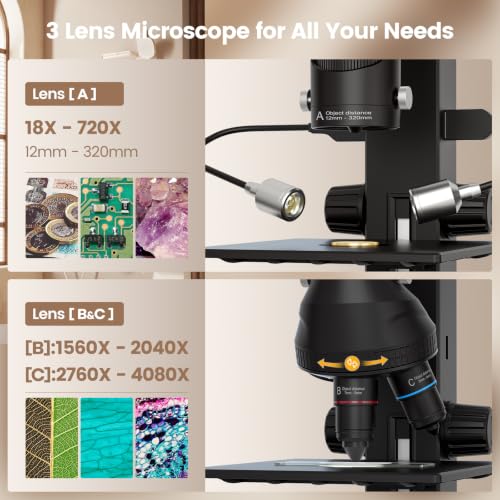 JL246PS 3 Lens 4000X HDMI Digital Microscope with 7'' IPS Screen