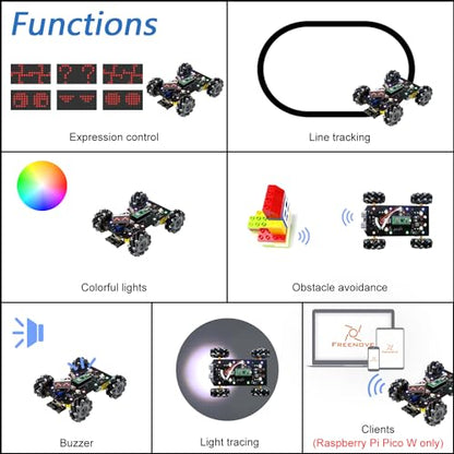 Freenove Mecanum Wheel Car Kit for Raspberry Pi Pico W (Included) (Compatible with Arduino IDE), Dot Matrix Expressions, Obstacle Avoidance, Line Tracking, Light Tracing, Colorful Light, App - color: Mecanum Wheels with Raspberry Pi Pico W
