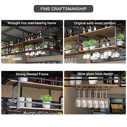 Ceiling Wine Glass Rack - 55.1in Hanging Wine Rack with Glass Holder and Shelf, 2 Layer Industrial Hanging Wine Bottle Holder, Gold Metal Ceiling Shelf for Bar Cafe Kitchen (Gold, 55.1×11.8×31.4in) - color: Gold, size: 55.1×11.8×31.4in