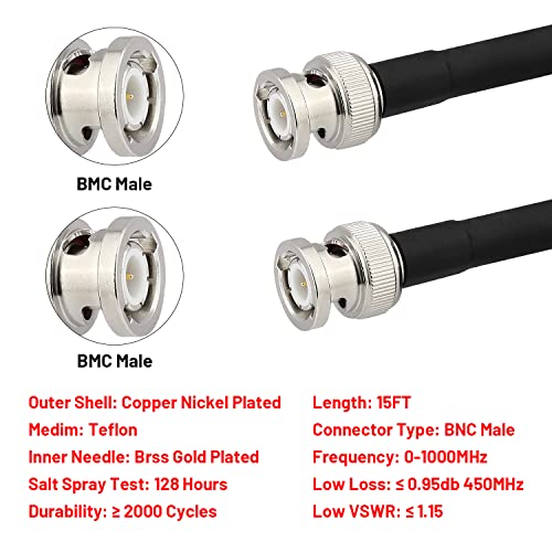 MOOKEERF BNC Cable - 15FT RG58 50 ohm Male to Male Coax Cables Low Loss BNC Extension Coaxial Cable with for Antennas, RF Radios, Modems, Oscilloscopes, Spectrum, etc (Black) - size: 15FT