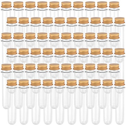 SEUNMUK 60 PCS 40ml Clear Plastic Test Tubes with Gold Caps, 140 x 25 mm Bath Salt Containers, Test Tubes for Plants, Scientific Experiments, Candy Storage, Powders, Spices - color: Gold Caps