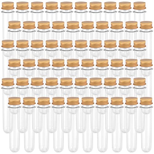 SEUNMUK 60 PCS 40ml Clear Plastic Test Tubes with Gold Caps, 140 x 25 mm Bath Salt Containers, Test Tubes for Plants, Scientific Experiments, Candy Storage, Powders, Spices - color: Gold Caps