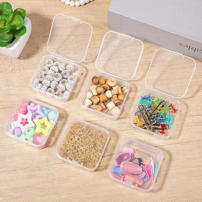 100 Pcs Small Plastic Bead Storage Containers with Lids - Clear Hinged Organizer Boxes for Jewelry, Crafts, Beads, DIY Supplies, Hardware, Pills & Small Parts Organizing (2.14” x 2.14” x 0.8”)