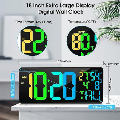 11 RGB Color Changes Large Digital Wall Clock/Bluetooth Auto Time Sync, Remote-Controlled Digital Wall Clock Large Display with Alarm/Timer Function, DST, Indoor Temperature/Humidity Display (18 inch) - color: Rgb Color Change