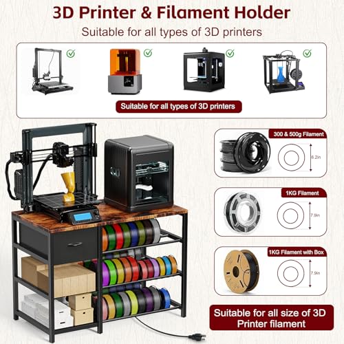 Frebomboo 3D Printer Filament Storage Rack, Versatile 3D Printer Stand Shelf with Drawer, Mobile 3-Tier Metal Filament Spool Holder, Perfect 3D Printer Cart Desk for Office Workshop Studio - style: Brown