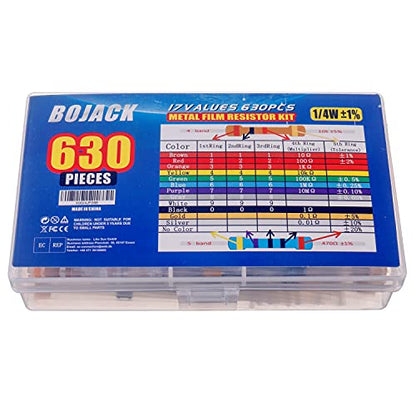 BOJACK 630 Pcs 17 Values Resistor Kit 0 Ohm-1M Ohm with 1% 1/4W Metal Film Resistors Assortment Kit - size: 1/4 W