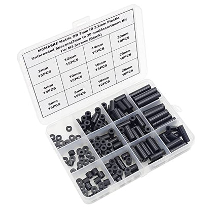 160PCS OD7mm ID3.2mm Black ABS Unthreaded Spacer Kit for M3 Screws - size: OD 7mm ID 3.2mm