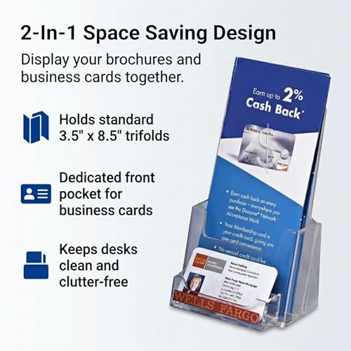Clear-Ad - Acrylic Trifold Brochure Holder with Business Card Pocket - Rack Card Display - Pamphlet Stand - LHF-P100 (Single Pack)
