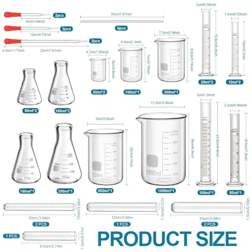 Frienda 37 Pcs Glass Lab Kit Glass Chemistry Set Lab Glassware Set Graduated Cylinder Chemistry Kit Test Tube Rack Beakers Flasks Droppers for School Labs Classroom Home Science Fair