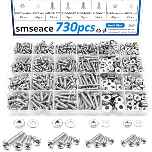 smseace 730Pcs 304 Stainless Steel Machine Screws Assortment Kit#10-24#8-32#6-32#4-40 Phillips Pan Head Assorted Nuts and Bolts for Machinery, Furniture, Automotive, Motorcycle Repairs - color: Silver, size: 730Pcs SS #4 #6 #8 #10