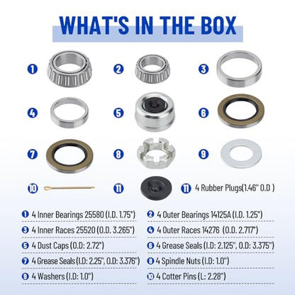 4 Sets 25580 14125A Boat Trailer Axles Bearing Kits - size: 25580 14125A-Set of 4