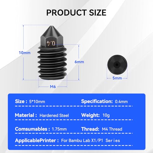 6PCS 0.4mm Hardened Steel Nozzles for Bambu Lab X1/P1 Series