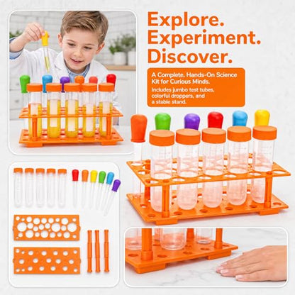 ZENFUN 12 Pieces Jumbo Test Tubes with Stand, Plastic Test Tubes for Primary Science, 5 Pieces Jumbo Test Tubes, 6 Pieces Liquid Droppers Silicone and 1 Piece Storage Stand, Multi-Color