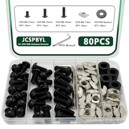 80 pcs M8 T Nut Screws Kit for 4040 4080 Aluminum Extrusion, 26 pcs Black M8x12/16/20mm Hexagon Socket Carbon Steel Screws and 26 pcs M8 Drop in T-Nuts, 28 Washers with Hex Wrench - style: 80pcs 40 Series Screws Kit Black