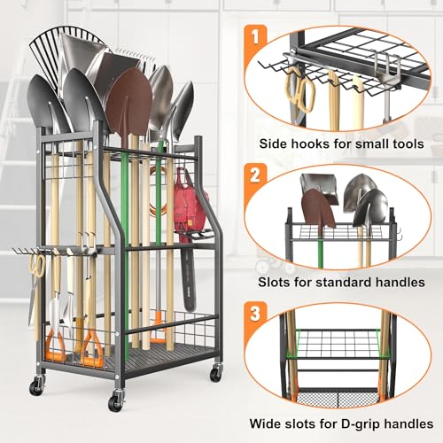 TORACK Garden Tool Organizer with Wheels, Rakes Shovels Yard Tools Stand - style: Mid-size Tool Stand