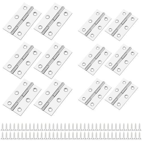 12 Pack Stainless Steel Folding Hinges with 72 Screws – 6 Large (2.4 x 1.45in) + 6 Small (2.16 x 1.37in) – Durable Metal Hinges for Cabinet Doors, Small Doors, Wooden Boxes, Drawers, Furniture DIY