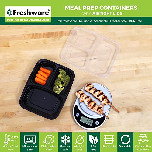 Freshware Meal Prep Containers [25 Pack] 3 Compartment with Lids, Food Storage Containers, Bento Box, Stackable, Microwave/Dishwasher Safe (32 oz) - size: 32OZ-25PK