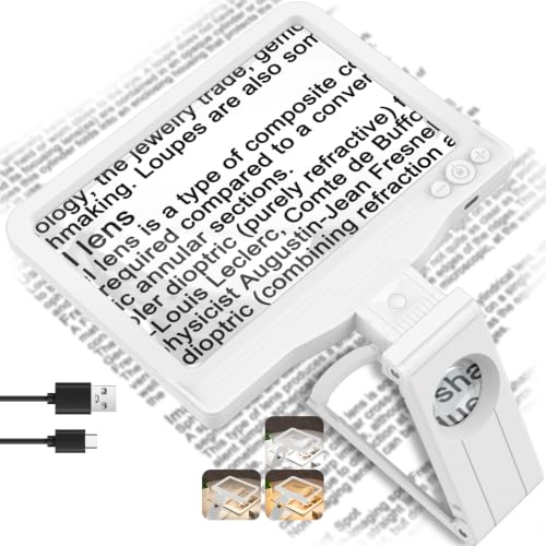 30X 6X Rechargeable Magnifying Glass for Reading, Large Full Page Magnifier with Folding Stand, 3 Color Light Modes, Dimmable LED Lighted, Hands Free Book Magnifier for Low Vision Seniors, White - color: White