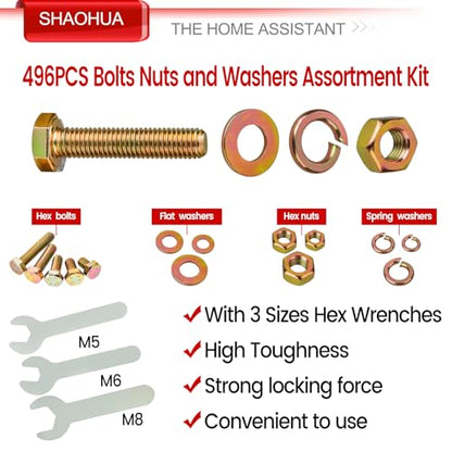 496Pcs Metric Bolt Assortment, M5 M6 M8 Hex Heavy Duty Bolts and Nuts Kit, Grade 8.8 Nuts and Bolts Assortment Kit M5x0.98 M6 x1.0 M8 x1.25 (12mm to 40mm),Yellow Zinc Plated - size: F. M5 M6 M8