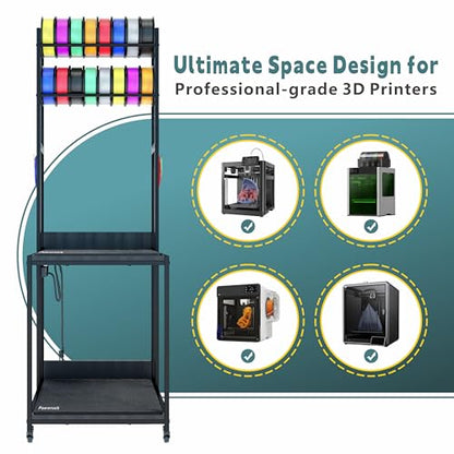 Heavy Duty PRT22 3D Printer Stand with Power Hub, High Density Polymer Vibration Damping Pads, Elevated Storage & Locking Wheels for Most Large Printers - color: Black