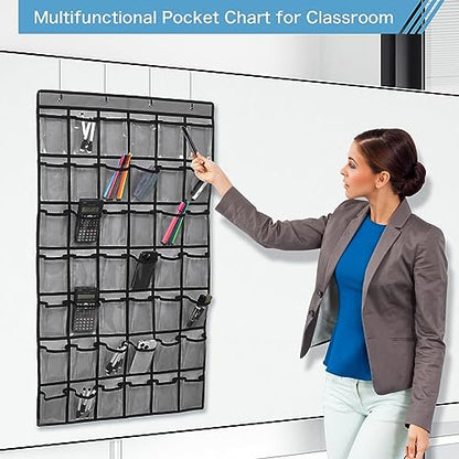 SAVERHO 42 Pocket Classroom Pocket Chart for Cell Phones and Calculator,Clear Cellphone Pocket Chart for Classroom with Number Sticker and hooks (Grey-42 Pockets) - color: Grey-1pack of 42pockets