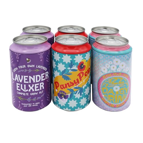 BUZZY Seeds Flower Grow Kit 6-Pack – Pansy, Lavender & Daisy Soda Cans with Seeds, Growing Medium & Liners – Fun DIY Indoor Gardening Party Favors & Gift Set