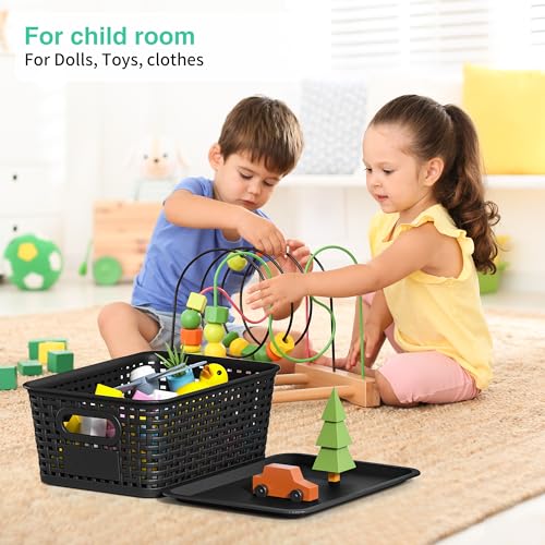 8 Pack Plastic Storage Baskets,Black Stackable Bins with Lid - color: Black