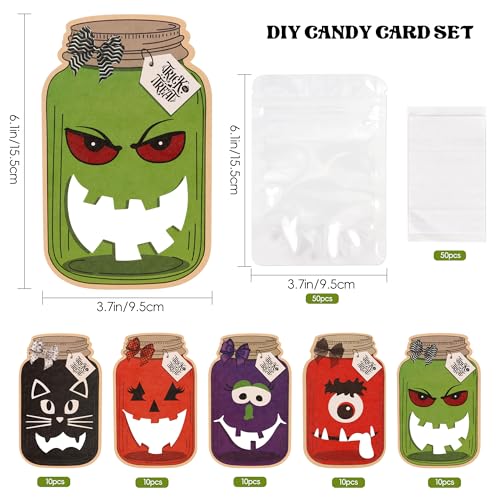 Halloween Treat Bags with Cards 50-Pack, Mason Jar Goodie Bag for Kids - color: Halloween Party Treat Bags Cards