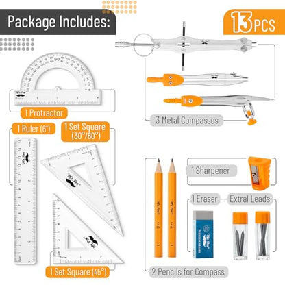 Mr. Pen- Geometry Set, 13 pcs, 3 Metal Compasses, Protractor, 6" Ruler | 45° & 30°/60° Set Squares, Pencils, Lead Refills, Sharpener & Eraser for Math, Drafting & Classroom Use - color: Orange