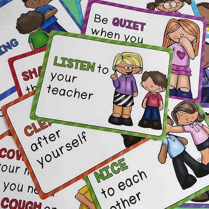 Lachilly 15 Sheets Classroom Rules Educational Poster for Preschool, Home, Middle and High School Classroom Wall Decoration, Language Arts Charts, Toddler Learning Toys, Bulletin Board Set - style: Classroom Rule 15P