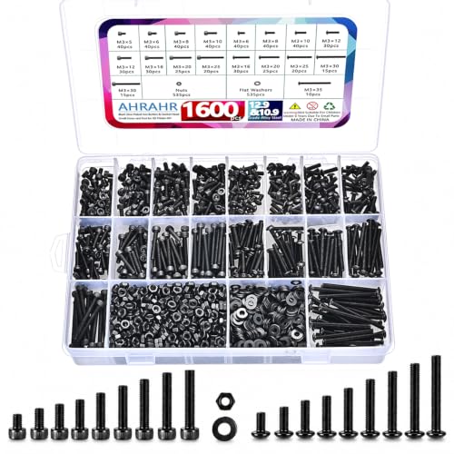 M3 Metric Screw Kit, 1600 Piece, 10.9 Button and 12.9 Cap Head - color: Black-Hex Socket Cap & Button Head 1600 Pcs