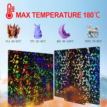PEF+PEY Holographic Build Plate for Adventurer AD5X/5M/5M Pro, Rainbow Confetti +Galaxy Spring Steel Flexible Platform for Neptune 3 Pro/4, Kobra, Ender 3/3 Pro/3S1/3 v2, CR 20/CR 20 Pro - size: 235x235mm
