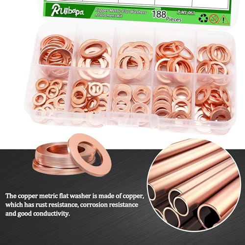 188 PCS Copper Crush Washer Metric Oil Drain Plug Assortment Kit Sealing Washers 9 Sizes（M5 M6 M8 M10 M12 M14） - size: 188PCS
