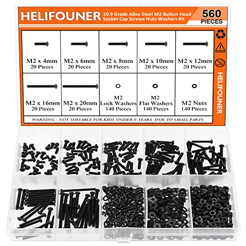 HELIFOUNER 560 Pieces M2 x 4mm /6mm /8mm /10mm /12mm /16mm /20mm, Button Head Socket Cap Screws Bolts Washers Nuts Kit, 10.9 Grade Alloy Steel, Full Threaded, Black - size: M2, style: Button Head