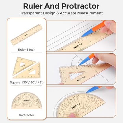 Nicpro 17 PCS Geometry Set, Protractor and Compass Set for School Students