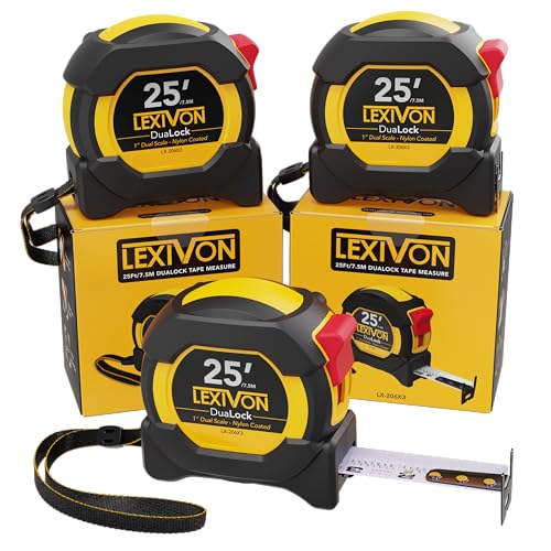 LEXIVON [3-Pack] 25Ft/7.5m DuaLock Tape Measure | 1-Inch Wide Blade with Nylon Coating, Matte Finish White & Yellow Dual Sided Rule Print | Ft/Inch/Fractions/Metric (LX-206X3) - size: 25 ft 3-Pack