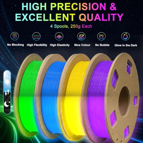 Glow in the Dark TPU 95A 3D Printer Filament Bundle - 1.75mm Soft Flexible TPU 3D Filament, Accuracy +/- 0.03mm, Luminous Filament for Halloween, Fit Most 3D Printers - 4 Spools 250g Each - color: Green/Blue/Yellow/Purple