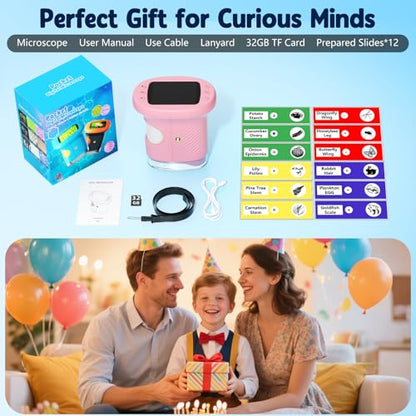 Odatay 2.4" 4K 1000X Digital Kids Microscope with 32G Card 12 Slides, Pink - color: Pink
