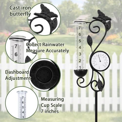 36.5in Butterfly Rain Gauge Thermometer Black Metal Garden Stake Decor - color: Black Butterfly