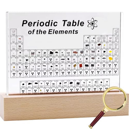 SETHVILL Periodic Table with 83 Real Elements Inside, Acrylic Periodic Table of Chemical Elements with Wooden Stand and Magnifying Glass, Periodic Table Display with Elements for Teacher Students - size: 6"L x 4.6"W