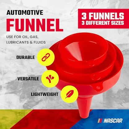 NASCAR Automotive Funnel Set – Oil, Gas & Fluid Funnels for Cars & Trucks, Durable, Lightweight, & Versatile, Includes 3 Sizes: Small, Medium, Large, Multi-Purpose Use for Oil Changes, Fuel, & More